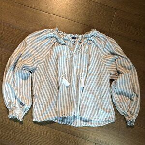 Boho Peasant White Top Blue Stripes Smocked Cuff Tassels Cottagecore Poet M